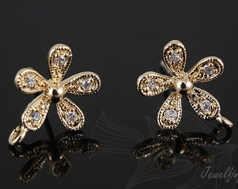 H1029-1pair/10pairs-Gold Plated-11mm Flower Ear Post, Cubic Flower Stud Earrings, Silver Post, jewelry supplies, wholesale Earrings
