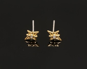 Pendientes de estrella cúbica chapados en oro auténtico de 16 quilates, pendientes con diseño de explosión estelar, poste de plata, sin níquel [CH108-1 par/10 pares]