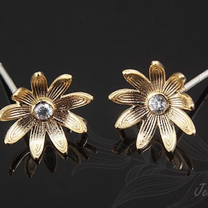 M807-1pair/10pairs-Gold Plated-CZ flower Ear Post, jewelry making, wholesale jewelry finding, jewelry supplies, wholesale Earrings