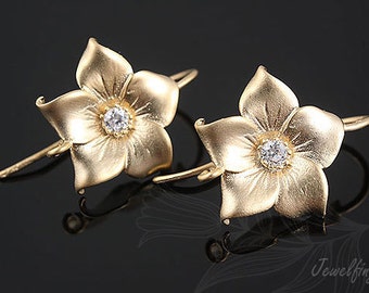 Matte Gold Plated 16mm Flower Ear Hook, Cubic Flower Earrings [H1018-1pair/10pairs]