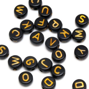 JG004-100ea-7mm Black with Gold Letters Alphabet Beads, Black Color Initial, Acrylic Letter Beads, Alphabet ABC Beads