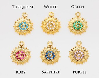 Dijes de girasol pequeños chapados en oro auténtico con circonitas cúbicas, colgante de flor cúbica [M1980-1PC/10PCS]