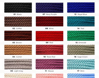 May include: A color chart titled TWISTED POLYESTER CORD 18 COLORS displaying eighteen samples of twisted cord in various shades including black, navy purple, royal blue, coffee, wine, teal, brown, red, emerald, camel, rose red, sage green, light gray, mauve, mint, ivory, baby pink, and baby blue.