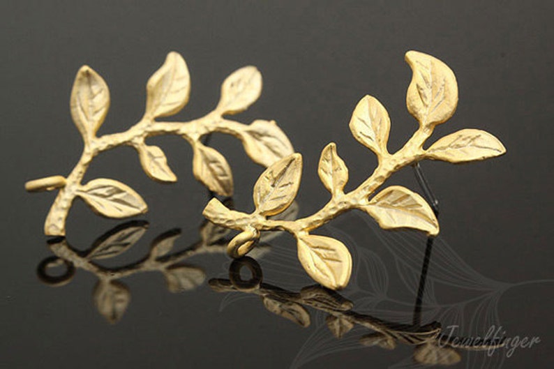 B570-10 pairs-1325mm Matt Gold Plated-Leaf Ear Post-Branch Earring-Silver Post image 2