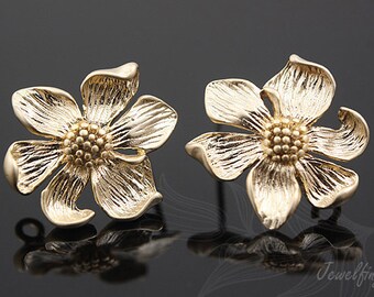 M523-1pair/10pairs-Matt Gold Plated-16*15mm Flower Ear Post, Flower Earring, Silver Post, wholesale jewelry finding, wholesale Earrings