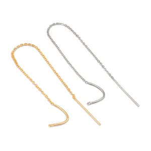 May include: A pair of threader earrings, one in gold tone and one in silver tone. Each earring features a delicate metal chain connected to a curved, smooth wire segment that ends in a small loop, designed to be pulled through an ear piercing.