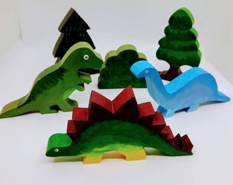 Ready to Ship! Wooden Dinosaur and Tree Playset