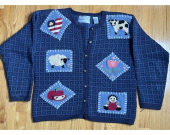 Cárdigan de punto a mano Vintage Signatures by Northern Isles, talla M, Americana Cow