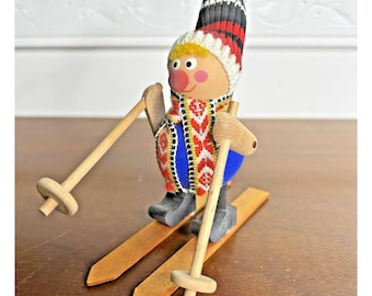 Vtg Ljungstroms Wooden Tomte Skier Boy Suecia colorido sombrero bufanda 5" Gnomo