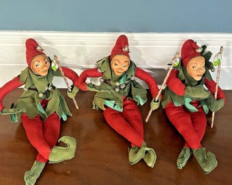 3 figuras vintage de elfos bufones para estante, 30 cm, elfos navideños articulados, varitas de duende