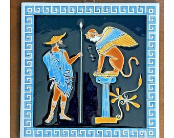 Carrelage d'art mural en céramique Niarchos vintage grec 6" Odipe rencontrant le Sphinx