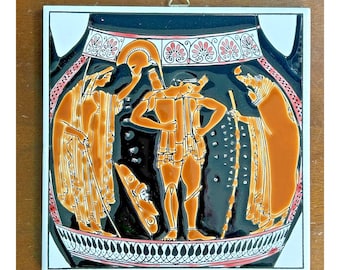 Carreaux d'art mural en céramique VTG Niarchos, Grèce, 6 po. Hector avec ses parents