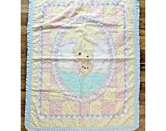 Couverture de couette faite main VTG Precious Moments pour lit de bébé ours recto-verso 35 x 46