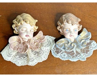 2 cabezas de ángel querubín vintage con encaje para colgar en la pared, 5"