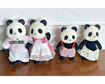 4 figuras Calico Critters, set de la familia del oso panda, Sylvanian Families, 1985