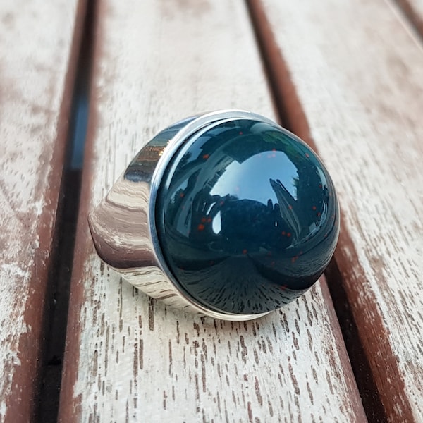 Green Jasper Ring, 925 Sterling Silver Ring, Handmade Gemstone Ring, Round Cabochon Ring, Jewelry Gift, Dark Green Ring, Large Crystal Ring