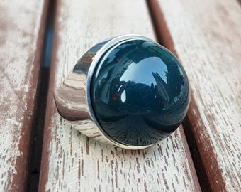 Green Jasper Ring, 925 Sterling Silver Ring, Handmade Gemstone Ring, Round Cabochon Ring, Jewelry Gift, Dark Green Ring, Large Crystal Ring