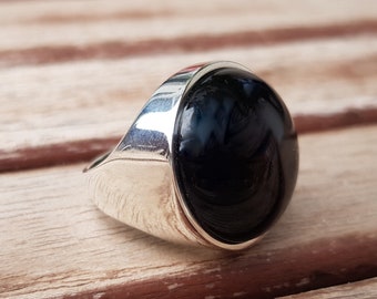 Black Onyx Ring, Sterling Silver Ring, Round Cabochon Ring, Black Gemstone Ring, Large Stone Ring, Handmade Big Ring, Jewelry Gift for him