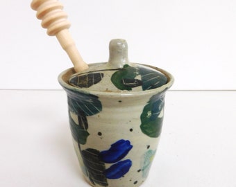 Studio Art Pottery handmade ceramic honeypot with spoon/dipper, signed.