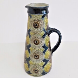 May include: A brown and blue ceramic jug with a geometric pattern of yellow and white stylised flowers. The jug has a handle and a wide mouth.