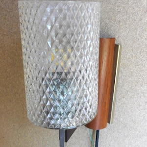 Lovely Danish style teak colored and brass sconce with a beautiful glass shade / wall lamp,  lighting