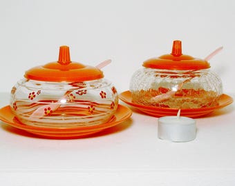 Set / pair glass jar / marmelade / jam condiment or relish, Germany