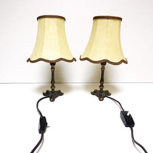 Lovely Set/ Pair, French table / bedside lamp, brass with fabric shade, 50s