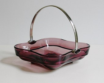 Vintage art glass handled basket / bowl or candy dish, purple amethyst, Germany