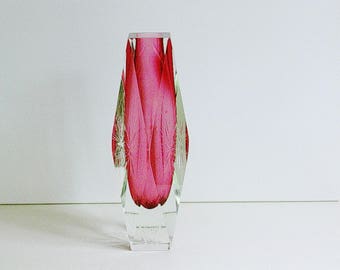 XL (30 cm/11.8 in) Murano Sommerso facet diamond cut & engraved crystal glass vase, Flavio Poli, Italy