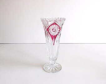 Mid Century Rubin Red Lead Crystal Vase: Cut to Clear, West Germany