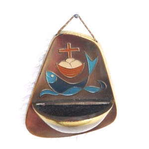Beautiful Bronze or Brass holy water wall font with enamel fish,wave, breads and cross, handmade,  Germany