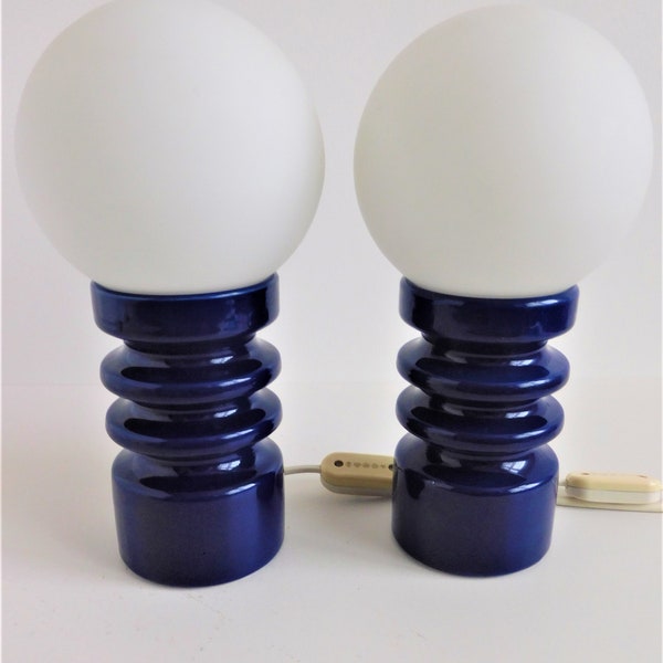 Great Set Dümler & Breiden ceramic blue table lamp / light with white matte glass globe, West German Pottery, WGP.