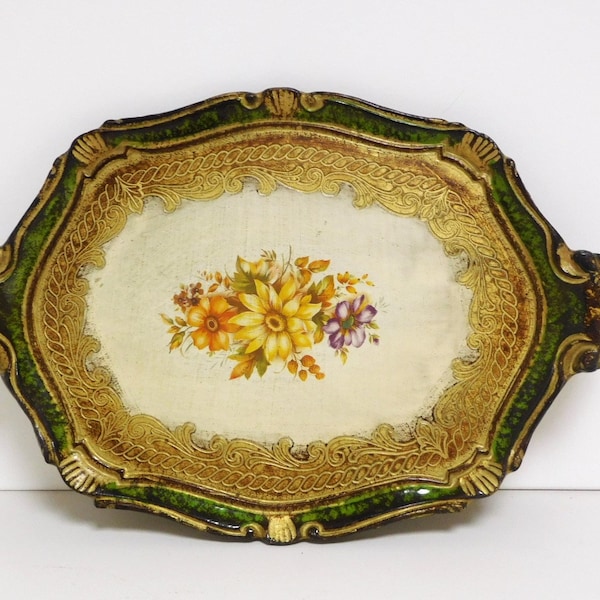 Beautiful Italian Florentine tray with flower decor.