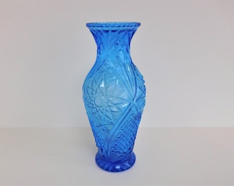 Beautiful Czech Art déco style blue pressed glass vase.