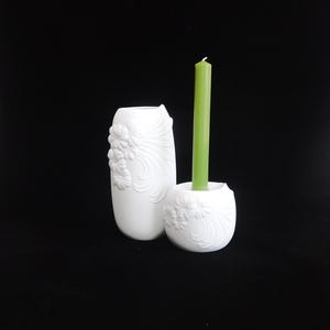 Set AK Kaiser matte white bisque porcelain vase and candle holder, designed by M. Frey, Germany
