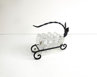 BMF, 4 crystal ashtrays in black metal carrier / rack, Germany 1960s