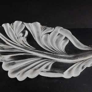 Big and heavy Walther glass bowl in form of a leaf,  clear and frosted crystal glass, Germany