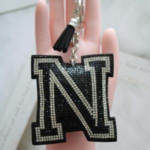 Rhinestone N Letter Keychain with Tassel – Sparkly Black Initial Bag Charm – Bling Monogram Key Chain Gift for Purse, Backpack, or Keys