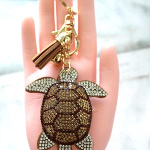 Brown Rhinestone Turtle Keychain. Sea Life Bag Charm with Tassel, Ocean Inspired Accessory Perfect for Gifts & Handbags. Fast Shipping