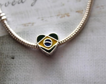 Brazil Flag Heart Charm Sterling Silver Enamel Bead 10mm Brazilian Pride Bracelet Charm,Travel Keepsake Jewelry,Patriotic Gift.Fast Shipping