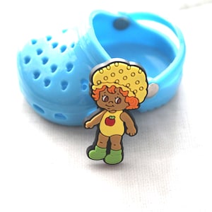 Med Size Retro -Inspired Apple Girl with Yellow Bonnet Shoe Charm  Medium 1.5&quot; PVC Clog Accessory, Fits Original Clogs & Bracelets, BPA-Free