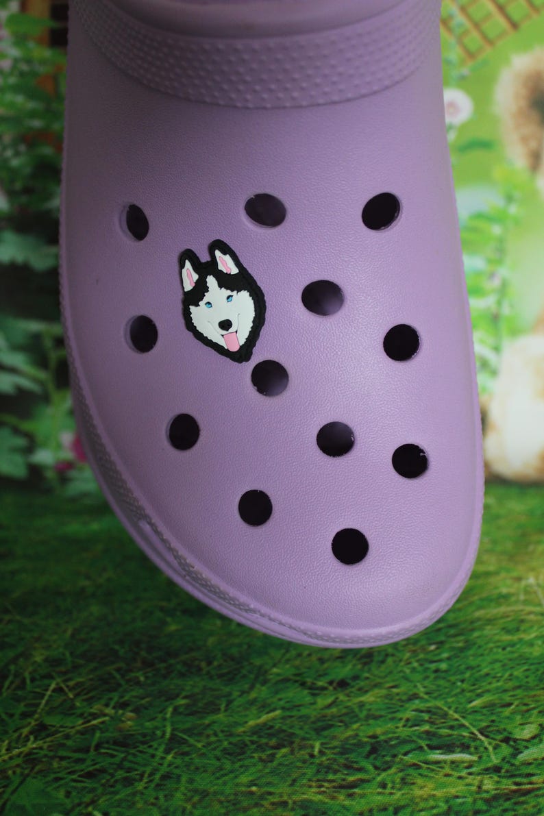 May include: A light purple clog shoe featuring a series of circular ventilation holes and a small, flat decorative charm shaped like a black and white husky dog head with blue eyes and a pink tongue, attached to the upper surface of the footwear.