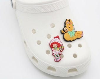 2 Pc Retro 80s Cafe Girl and Golden Pony Shoe Charms Vintage Aesthetic Clog Accessories