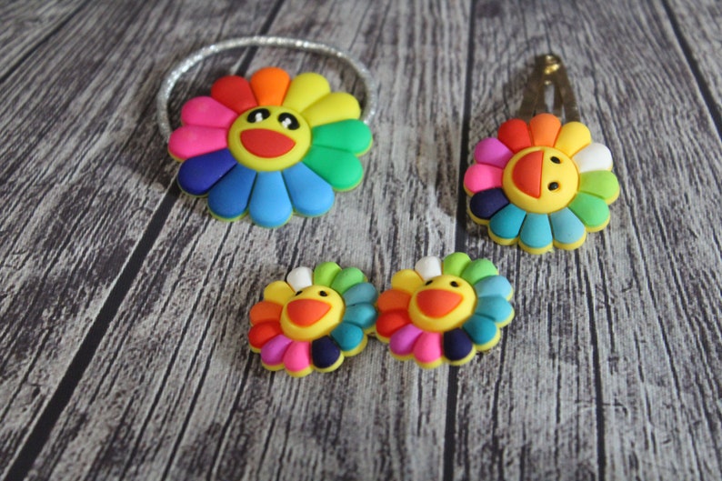 Rainbow daisy flower hair bowclip set 3 piece