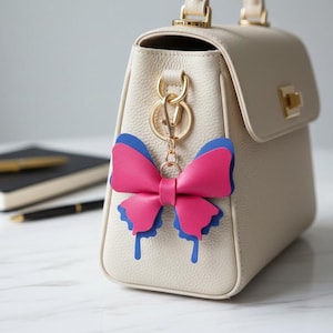 May include: A cream-colored handbag with a gold-tone clasp and hardware. A pink and blue butterfly-shaped keychain hangs from the bag's handle. The keychain has a gold-tone chain and a bow-like design.