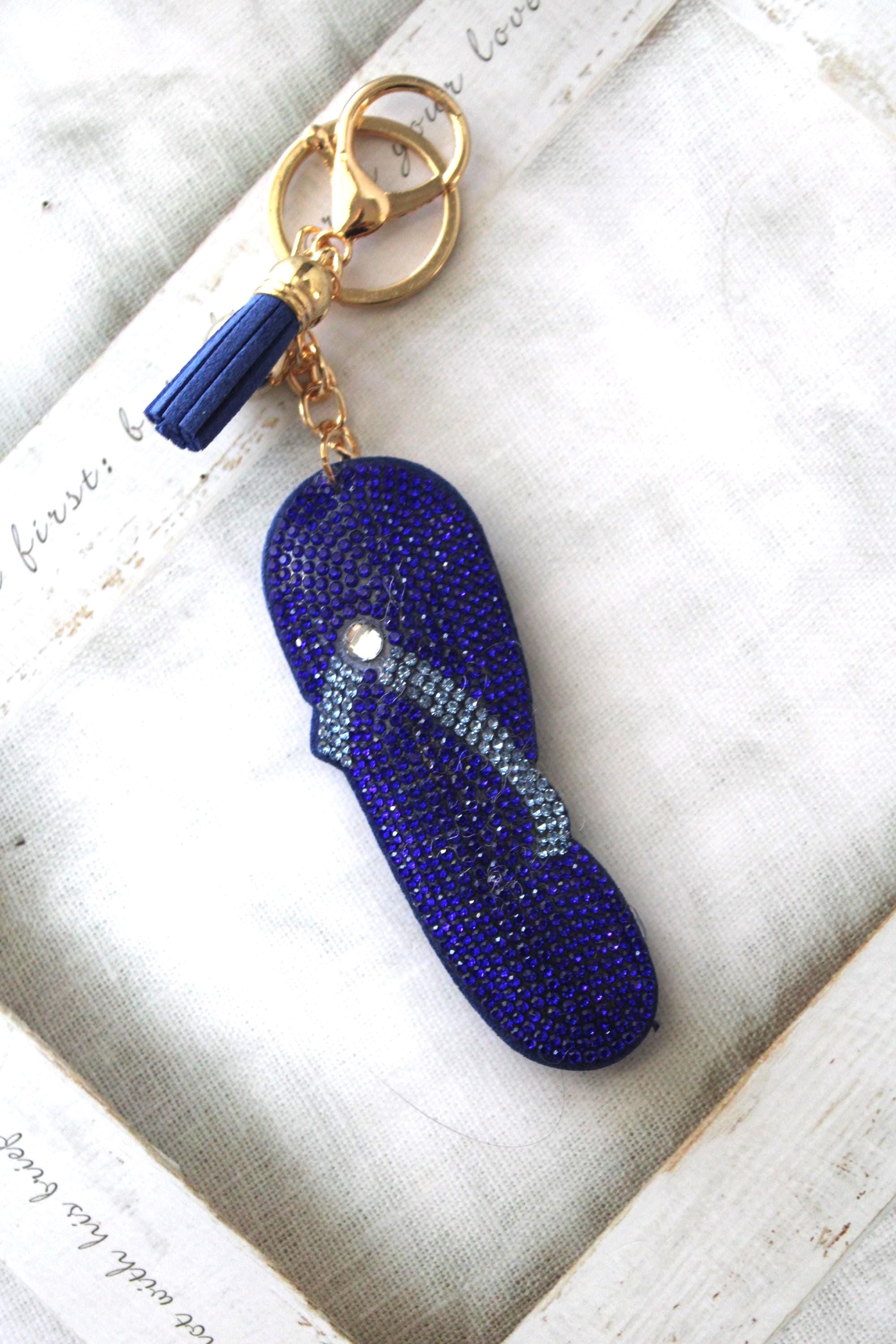 Blue Rhinestone Flip Flop Keychain with Tassel – Summer Beach Charm Accessory for Bags, Purses,Backpacks Fast Shipping Included. Unisex gift