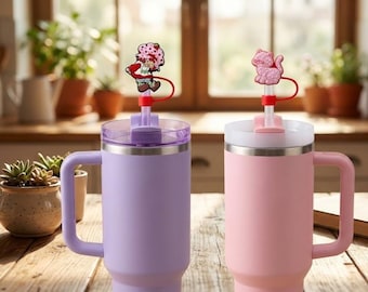 2 piece Retro Strawberry and Pink Cat Straw Toppers for 10mm Straws Fits 40oz Tumbler Cups