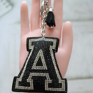 Letter A Rhinestone Keychain | Black and Clear Bag Charm | 4-5 Inch Purse Accessory |Silver Tone Key Ring | Fast Shipping | Gift Idea Unisex
