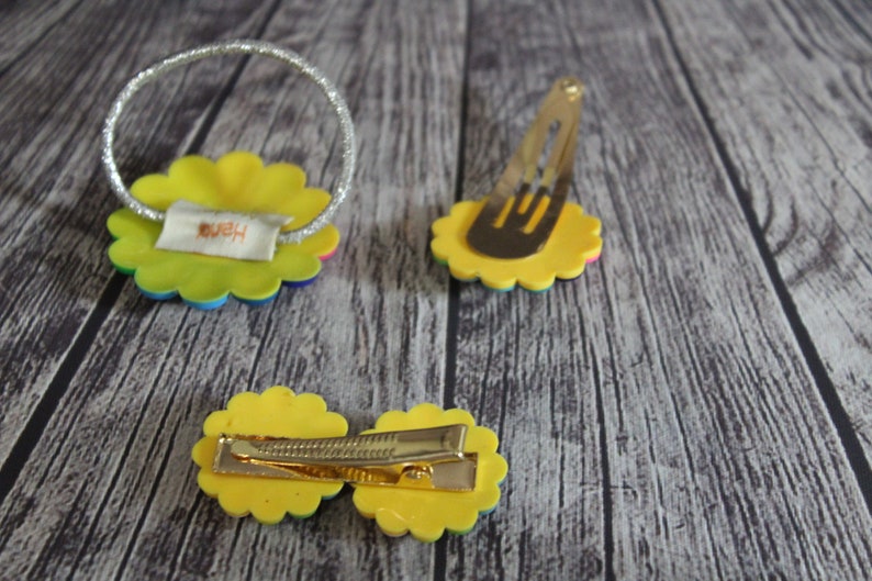 Rainbow daisy flower hair bowclip set 3 piece