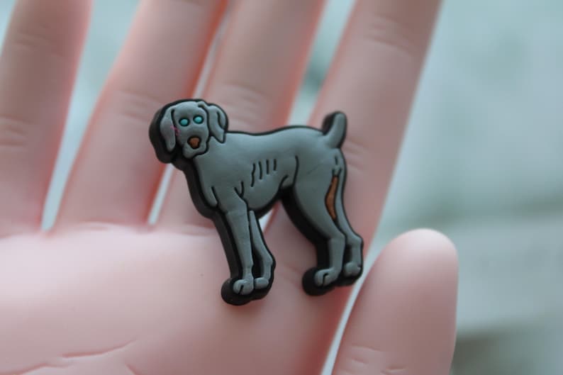 May include: A gray rubber charm of a Weimaraner dog with blue eyes. The charm is a 3D representation of a dog.